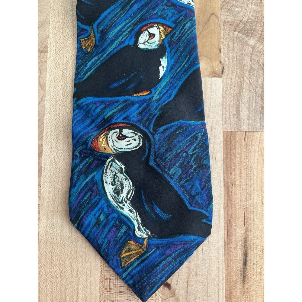 WWF Horned Puffins Silk Necktie Blue Animal Print Nature Design No.124 USA